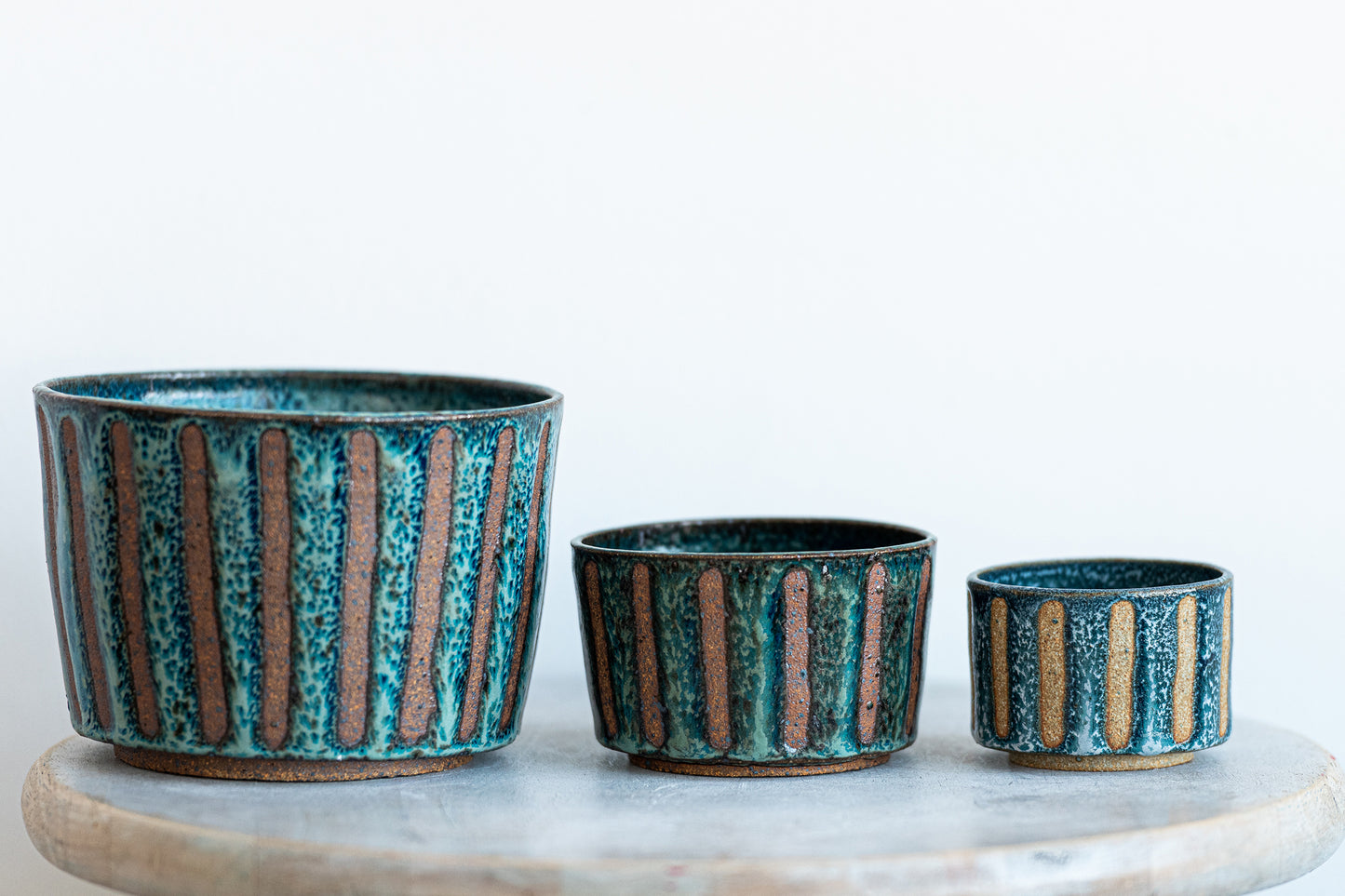 blue lines stoneware vessel