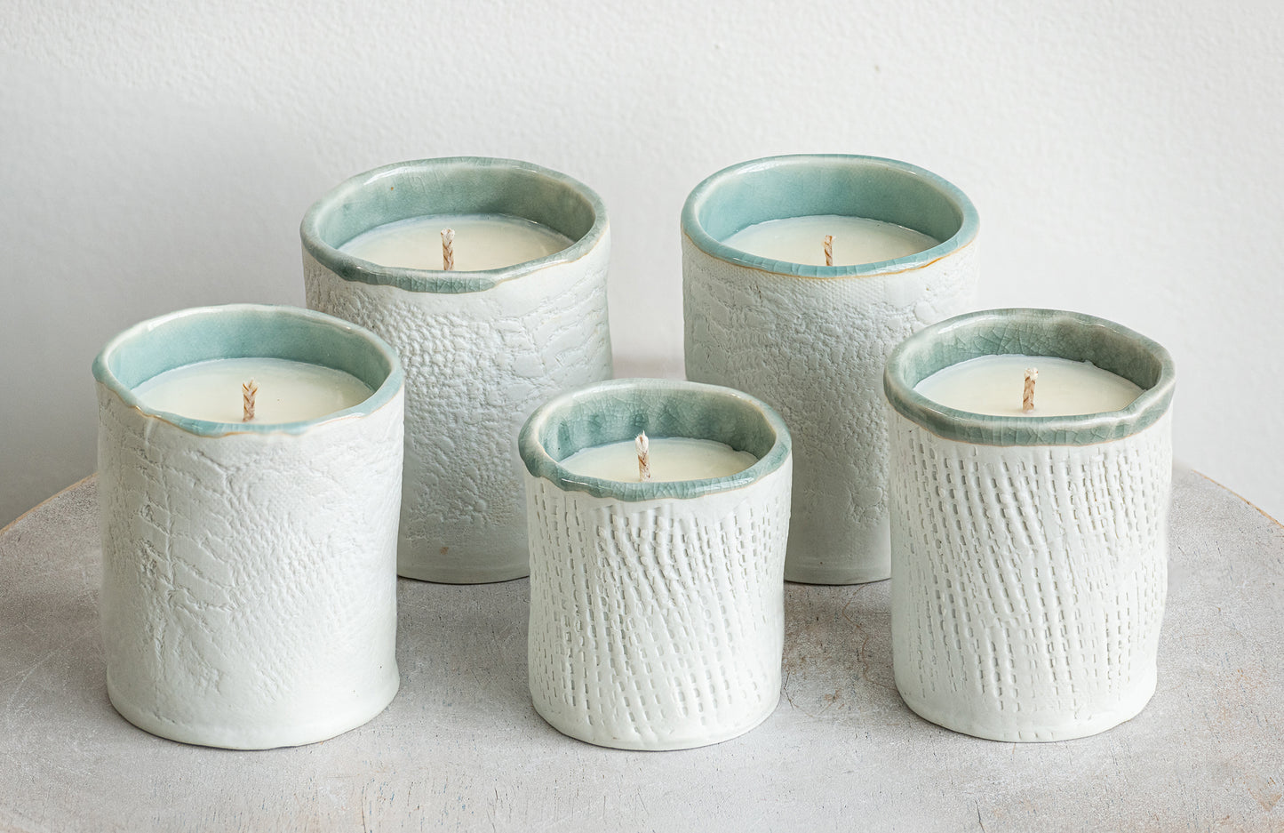 white lace exterior & robin's egg interior porcelain candle