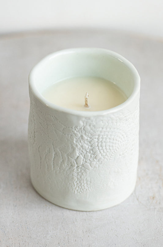 all white lace porcelain candle